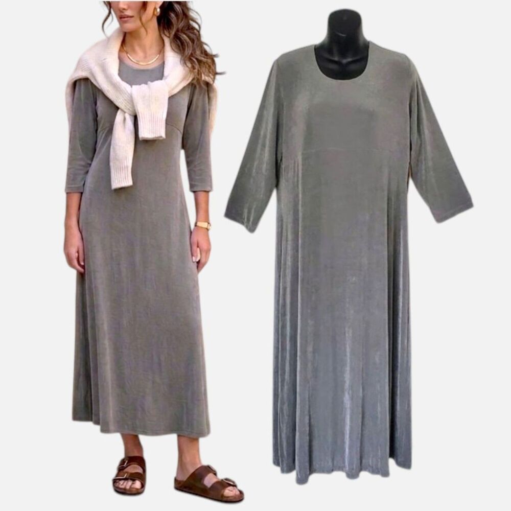 NWT COLDWATER CREEK Travel Knit Slinky Jersey Midi Dress L Gray Velvety Shimmer